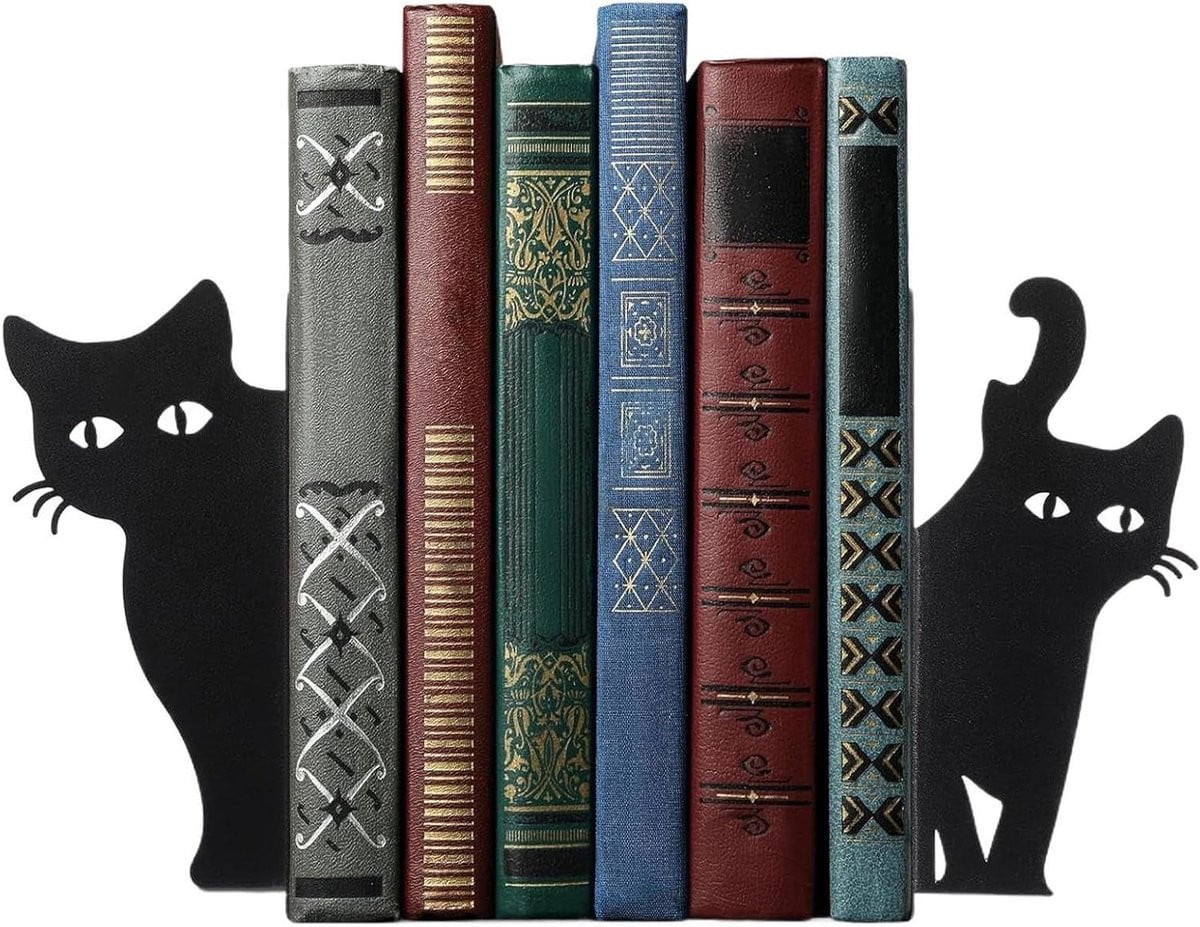Set van 2 zwarte metalen boekensteunen met kattenontwerp