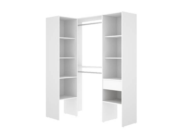 Dressing d'angle ouvert avec penderie à double tringles 1 tiroir et 8 étagères coloris blanc