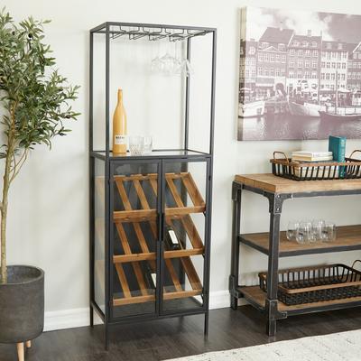 ARCILLA ELEMENTAL Black Wood 15 Bottle Storage Standing Wine Rack with Wine Glass Holders and Wood Accents