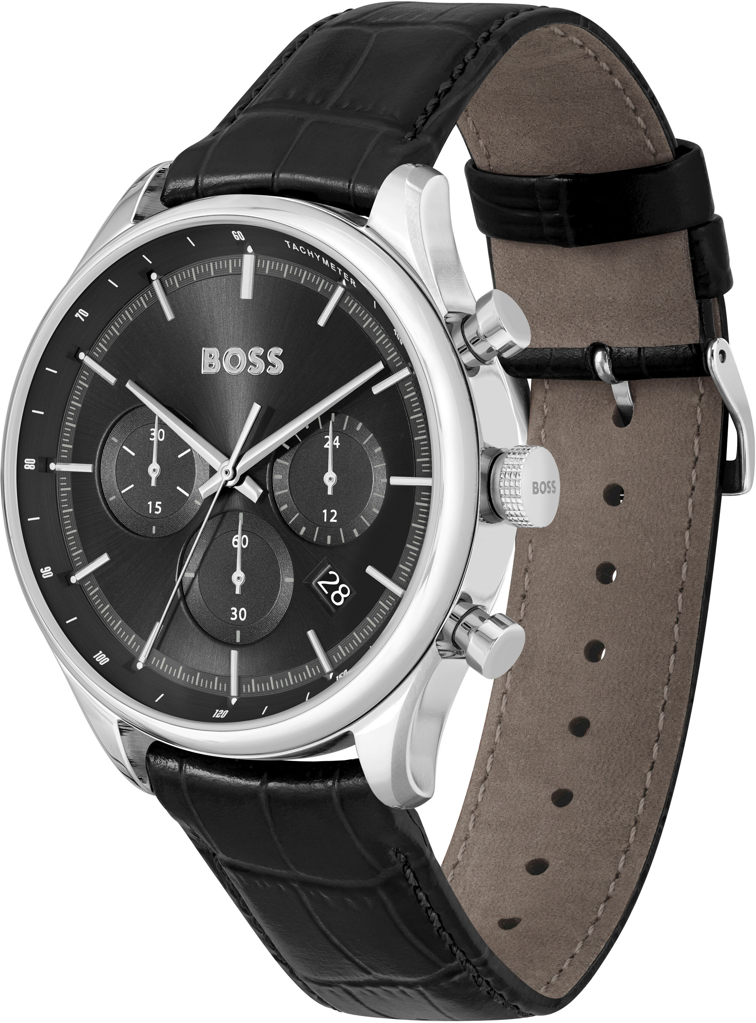 Chronograph BOSS "GREGOR", schwarz (schwarz, schwarz), Armbanduhren, Herren, silberfarben, Chronograph, Quarzuhr, Herrenuhr, Armbanduhr, Stoppfunktion, Lederarmband