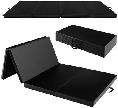 Costway Folding Gymnastics Mat with Carry Handles and Sweatproof Detachable PU Leather Cover-Black