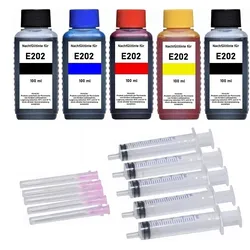 Nachfüllset für Epson 202, 202XL Druckerpatronen - 5 x 100 ml Druckertinte + Zubehör