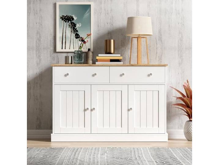 Buffet bahut Sideboard Armoire de salon avec texture gravée mécanisme push-to-open beaucoup Blanc