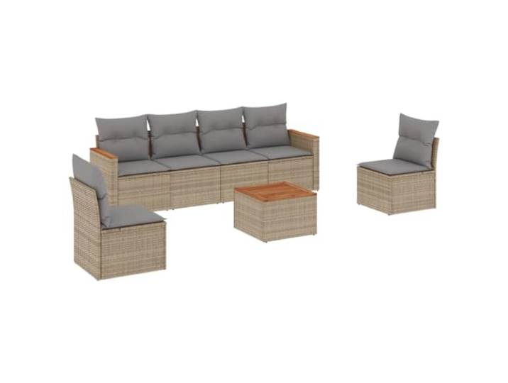 PUGYNBK 7-teiliges Sitzgruppe Rattan PE beige Akazientisch, abnehmbare Kissen, Stahlkonstruktion, Modulkonstruktion, Außen