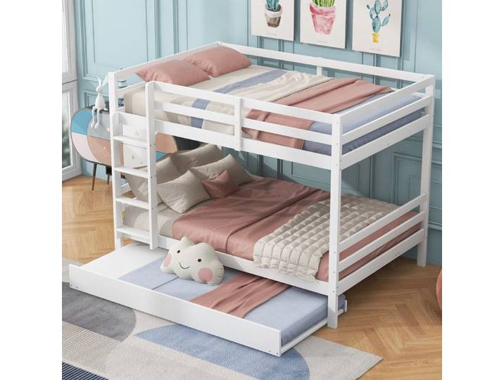Lit superposé enfant - 140x200cm - Bois massif - Lit gigogne 90x190 - Blanc