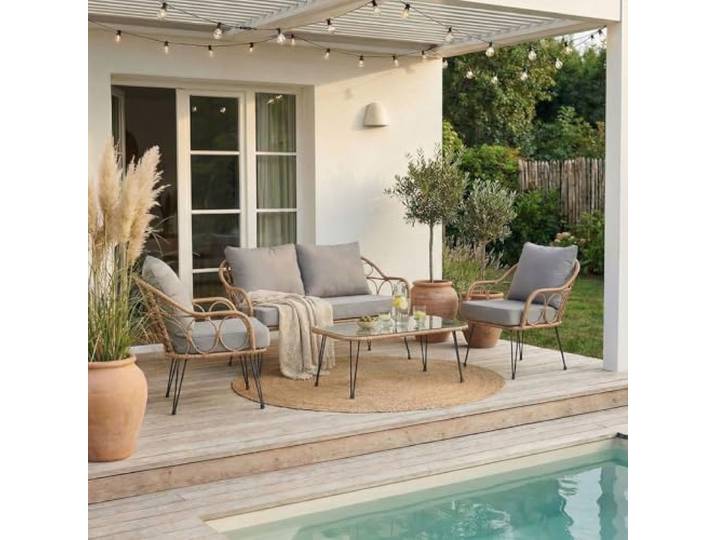 IDIMEX Gartenmöbel Cairo: 2 Sessel, 1 Zweisitzer, 1 Beistelltisch - braun/grau, Loungemöbel Balkon, Rattan-Gartenmöbel, Loungeset