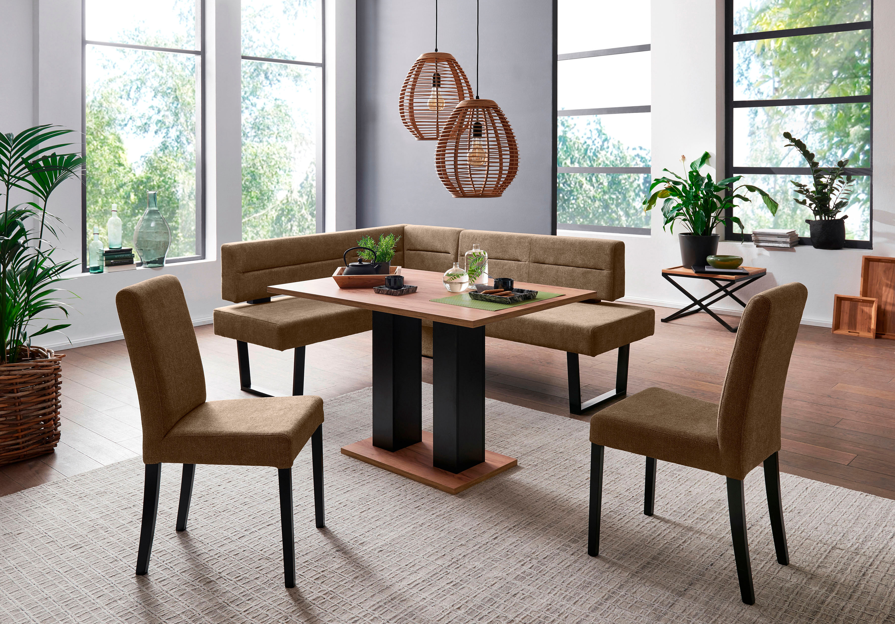 Eckbankgruppe MASSIVLINE & MORE "Martina", braun (spanplatte, massivholz, metall, mercury 105 braun, braun, schwarz), T:65cm, Holzwerkstoff, Massivholz, Polyester, Sitzmöbel-Sets, Eckbankgruppe, frei im Raum stellbar spanplatte, massivholz, metall, mercur