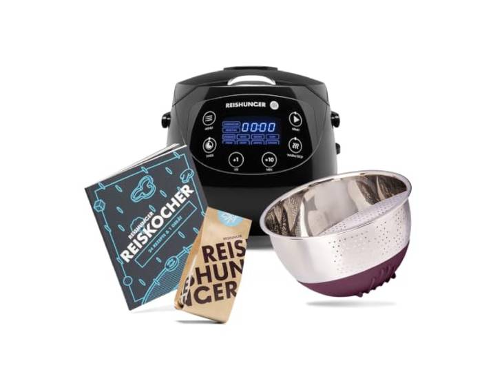REISHUNGER Digitaler Reiskocher klein – 0,6 L – Starterset – Schwarz Für bis zu 3 Personen – 11-teiliges Starterset inkl. Reiswaschschüssel, Kochbuch & 8 Sorten Reis