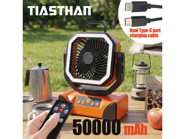 Ventilateur de camping rechargeable 50000 mAh avec lumière LED et télécommande, ventilateur suspendu extérieur pour tente, pêche, uragans - Autonomie de 100 heures