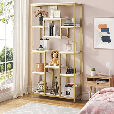 1Easylife 71 Inch Tall Bookshelf, Freestanding Geometric Bookcase, White and Gold