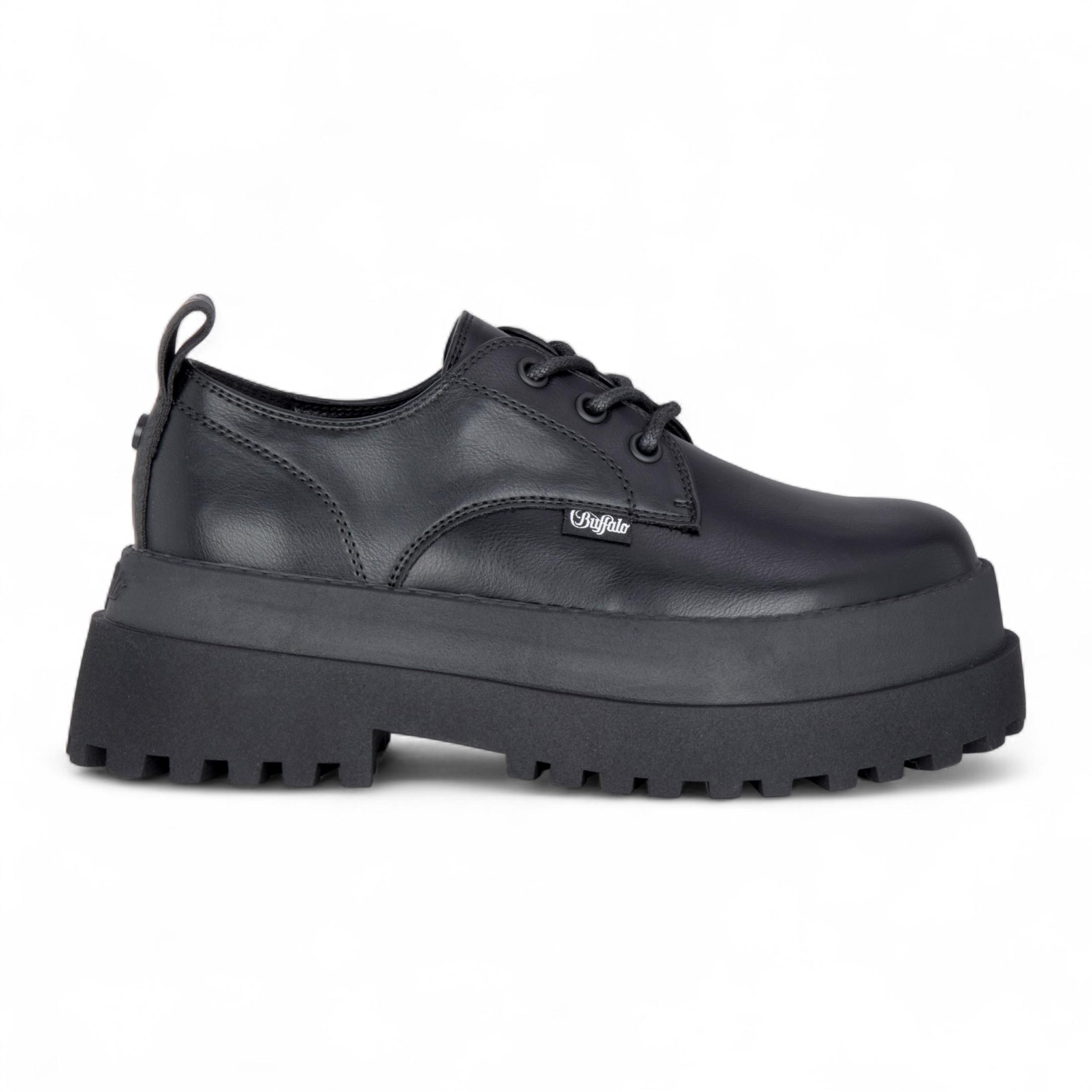 Buffalo Damen-Derbyschuhe, schwarz, mit Schnürung und Plateau – Pluto