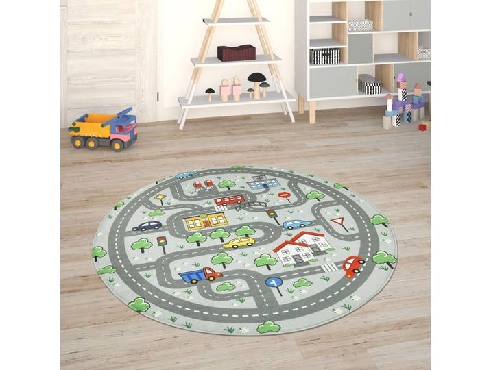 Kinderteppich PACO HOME Chicos 559 , grau, H:2mm Ø:150cm, Polyester, Teppiche, Kinderteppich, Flachgewebe, Straßen-Spiel-Teppich, Kinderzimmer
