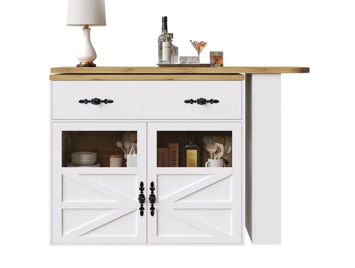 Table de bar extensible (138-204x39x104cm) rotative 360° moderne avec rangement îlot bistrot haut buffet étagères blanc