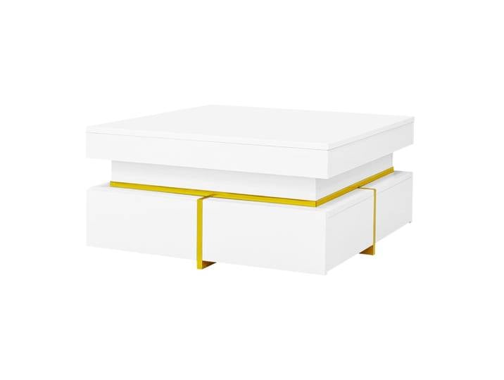 Table basse blanc brillant avec tiroirs et accents dorés 70x70cm