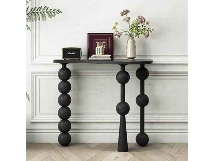 Massivholz Konsolentisch mit Kugelbeinen für Eingang Wohnzimmer Flur FAS Esche Geschwungene Kante Vintage Künstlerisch für Foyerecke Zuhause(Black,120cm/47.2in)