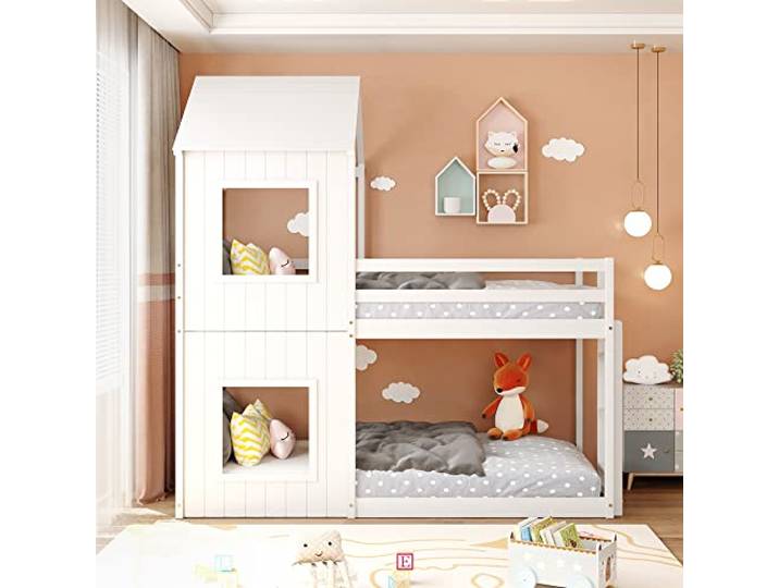 KUAKE 90x200cm Kinderbett Etagenbett Hausbett, Bodentief, mit Leiter & Baldachin (Weiß)