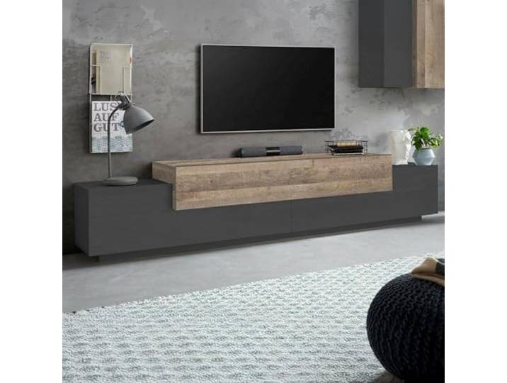 Dmora - TV-Schrank Nico, niedriges Wohnzimmer-Sideboard, Fernsehständer-Basis, 100% Made in Italy, 240 x 45 x 52 cm, Anthrazit und Ahorn,