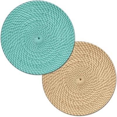 CounterArt Teal and Natural Basket Weave Design Round Reversible Easy Care Plastic Placemat Set of 4 Made in The USA