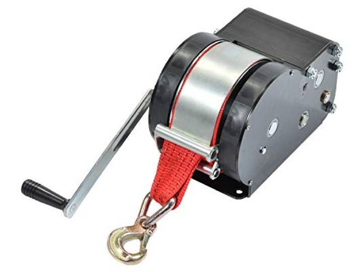 Saarwebstore Goliath Sicherheits Trailerwinden Seilwinde bis 3000kg mit Gurtband und Haken Anhängerwinde Größe Zugkraft 2200kg