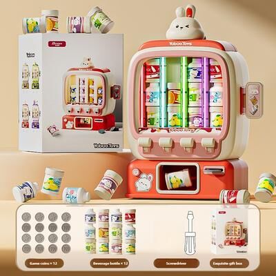 Inspire Daily Merch Mini Auto Drinks Vending Machine Coin Operated Kids Toy Simulation Beverage Machine For Children Christmas Pretend Play red Rabbit