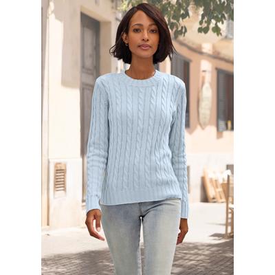 Rundhalspullover LASCANA "mit Zopfstrickmuster", Damen, Gr. 36/38, blau (hellblau), Strick, Obermaterial: 50% Baumwolle, 50% Polyacryl, unifarben, figurumspielend hüftlang, Rundhals, Rippstrickbündchen, Pullover Rundhalspullover, gemütlicher...