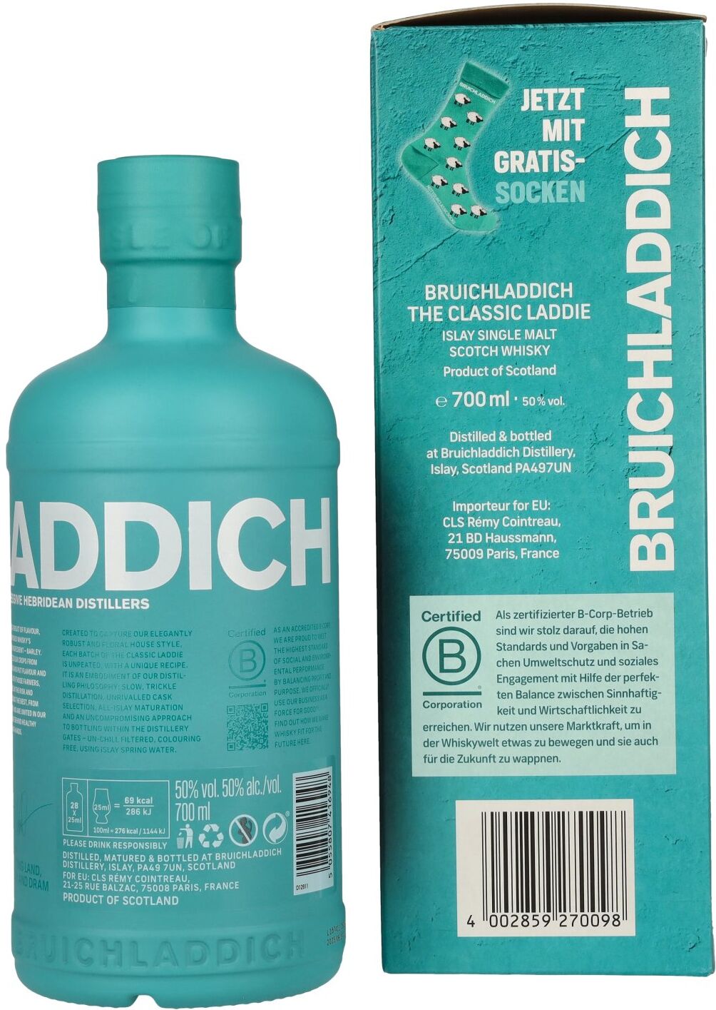 Bruichladdich Whisky Bruichladdich THE CLASSIC LADDIE Scottish Barley Unpeated Islay Single Malt 50% Vol. 0,7l in Geschenkbox mit Socken