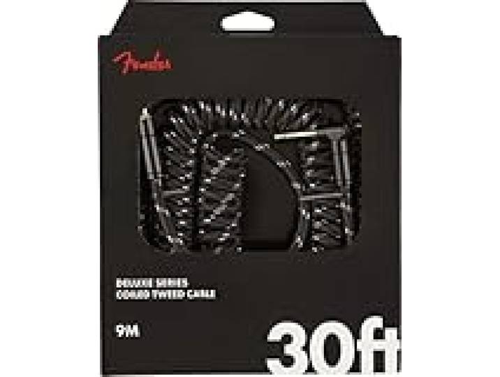 Fender Deluxe Câble Spiralé pour Guitare, Droit/Angle, 9M Câble spiralé 9M, connecteurs droit/angle, finition tweed noir, pour guitare électrique & ampli, usage scénique