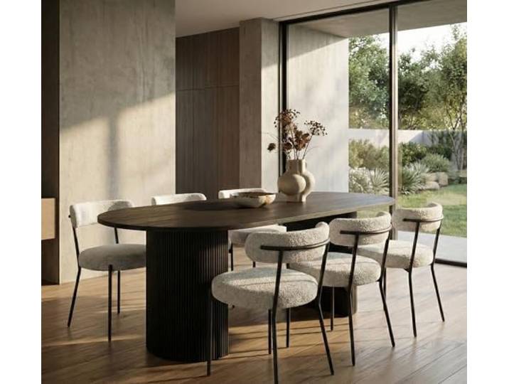 ebuy24 Essgruppe mit 6 Stühlen - Kyoto 210x100 cm Oberfläche Dunkelbraun Bezug Weiß Bouclé rechteckig Design Wohnküche Esszimmer Sitzgruppe Essplatz Esszimmergruppe 6 Personen
