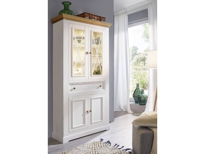 Vitrine 109x214cm 'Zürich' Kiefer massiv weiß WZ-0133
