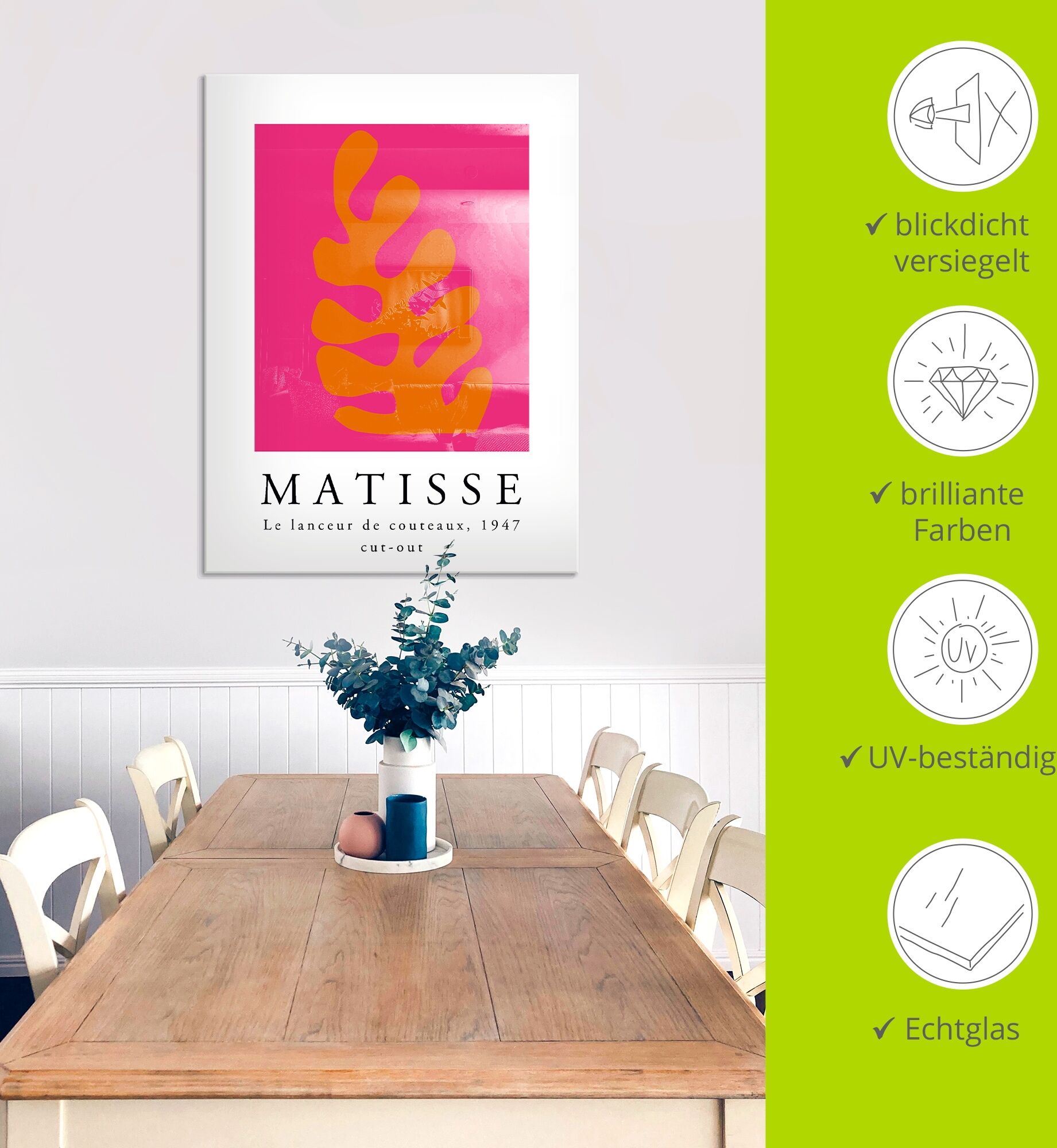 Artland "Matisse der Messerwerfer - orange" Muster 1 Stk. tlg. in verschiedenen Grössen farbe bild(er): pink B/H/T: 60cm x 80cm, Glasbild Muster Hochformat, 1 Stk.