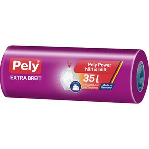 Pely Müllbeutel Extra breit, 54030225, 35 Liter, mit Zugband, transparent, 14 Stück