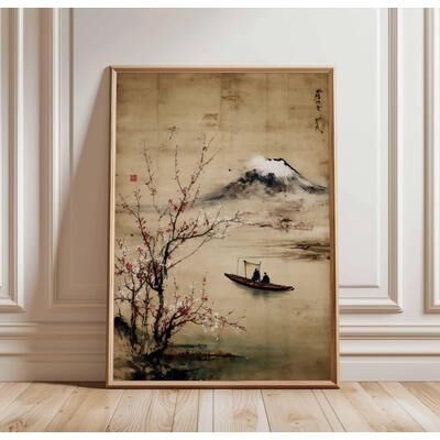 Inspire Select Japanese Crane Ukiyo e Canvas Wall Art Vintage Red Sun Oriental Poster 2 15.75 19.69 In unframed