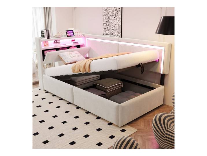 Celya Schlafsofa Polsterbett 90x200 cm Mit LED-Beleuchtung und USB-Ladeanschlüssen, Beige, Kopfteil Lässt Sich Zum Verstauen öffnen