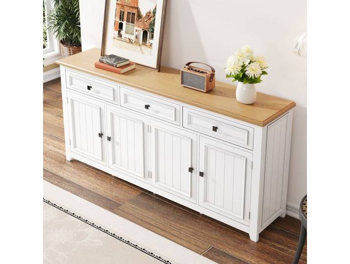 LPOSPI Buffet de cuisine moderne avec 3 tiroirs et 4 portes étagères réglables mdf blanc 160x35x76 cm