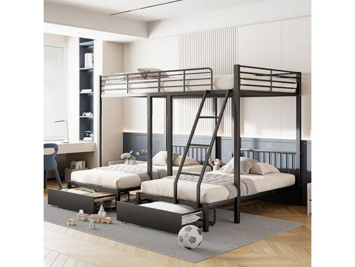 Merax Etagenbett, 140 x 200 cm und 90 x 200 cm, aus Metall mit 2 Schubladen, mit Stauraum, Schwarz (ohne Matratze)
