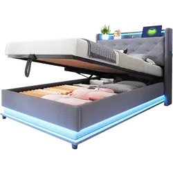 Polsterbett 90x200 cm mit hydraulischem Stauraum, USB-Anschlüssen und Kopfteil aufklappbar – modernes Design Grau