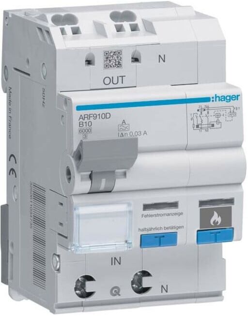 Hager Fehlerlichtbogen-Schutz 1P+N 6kA B-10A 30mA ARF910D)