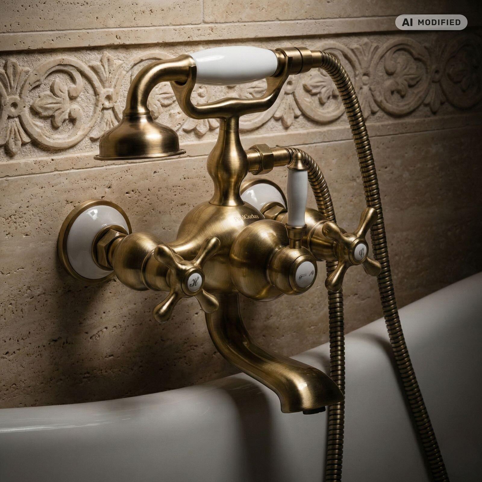 PaulGurkes Wannenarmatur Messing Bronze Antik Retro Nostalgie Zweigriffmischer