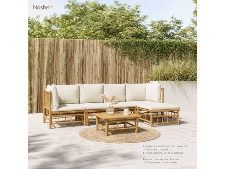 Ensemble salon de jardin – Nosheir – Bambou naturel avec coussins crème – Pour terrasse et extérieur – Modulable