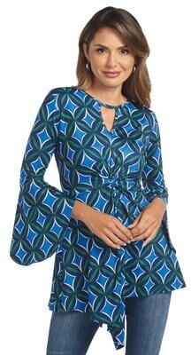 Masseys Keyhole Tunic (Size Small) Blue/Green/Geometric, Polyester,Spandex