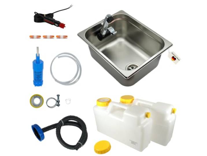 madelee Camping Spülbecken/Waschbecken Set aus Edelstahl 32,5 cm x 26,5 cm x 15 cm mit Armatur London 12 V, 25 mm Anschluss, 12 V Wasserpumpe für Campingküche/Vanküche/Food-Truck-Ausbau