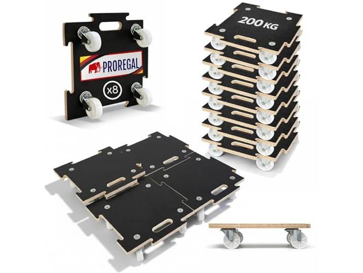 PROREGAL Profi Transportroller Hercules modular 39x39 cm Schwerlast bis 200 kg mit 4 Gummirollen & Griff, Puzzle Siebdruckplatte, 8er Set Rollbrett Möbelroller erweiterbar Transporthilfe verstellbar