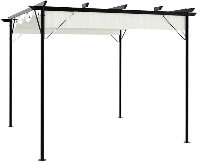 Pulverbeschichtete Stahl-Pergola mit versenkbarem Dach, Cremeweiß 3x3 m, wasserabweisendes Polyesterdach mit PA-Beschichtung, inklusive Erdanker für Garten und Terrasse