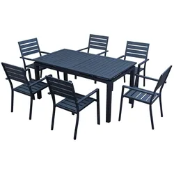 GreenYard 7tlg. Alu-Sitzgruppe mit Ausziehtisch & 6 Stapelstühlen - Schwarz