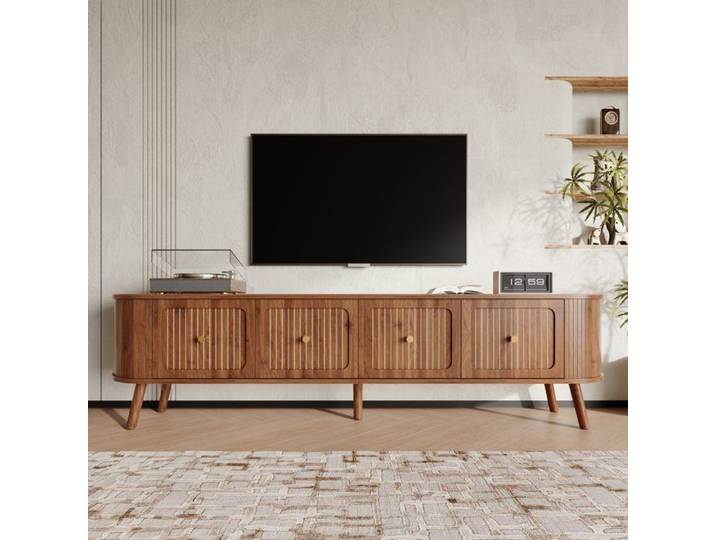 Meuble TV moderne meuble TV meuble TV bas. Quatre portes poignées dorées pieds en bois 180x38x47cm MDF Noyer