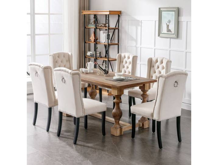 Chaise de salle à manger en velours - JAERLIUB - Ensemble de 6 - Pieds en chêne - Boutons décoratifs - Heurtoir chromé