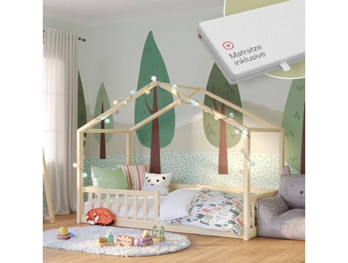 Bellabino Bia Bodenbett 80x160 cm, Natur, mit Matratze, Kiefer Massivholz Montessori Hausbett mit Rausfallschutz, mit Lattenrost, Kinderbett für Jungen & Mädchen, Bettgestell, Kinderzimmermöbel