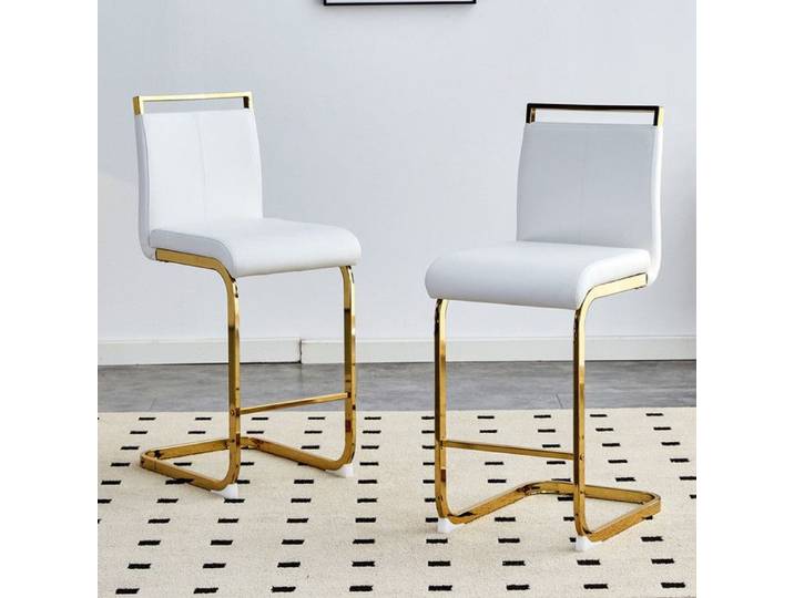 Ensemble de deux tabourets de bar de style nordique Tabouret bar cantilever luxe Cadre doré+simili cuir blanc pour îlot de cuisine