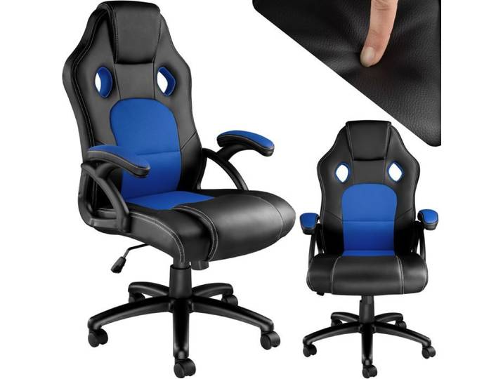 Chaise de bureau - TECTAKE - Fauteuil de gamer TYSON avec rembourrage épais et revêtement en cuir synthétique - Noir/Bleu