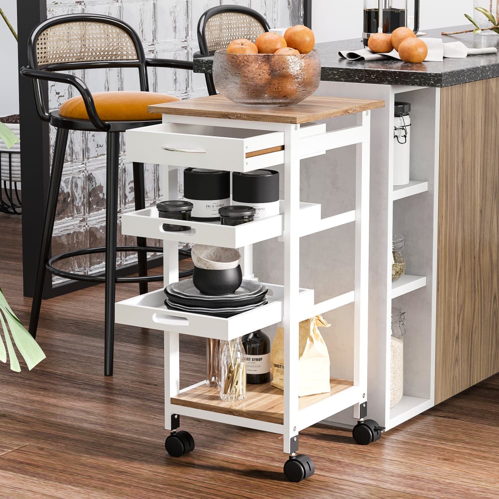 Homcom Desserte cuisine panier plateaux tiroir étagère effet chêne clair Blanc 37x76x37cm